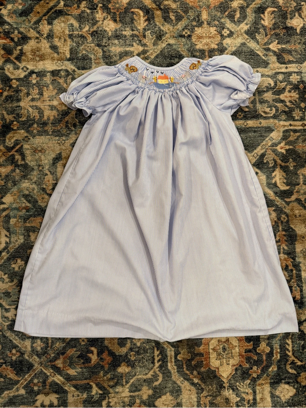 mine Light Blue Striped Smocked Puff-Sleeve Dress